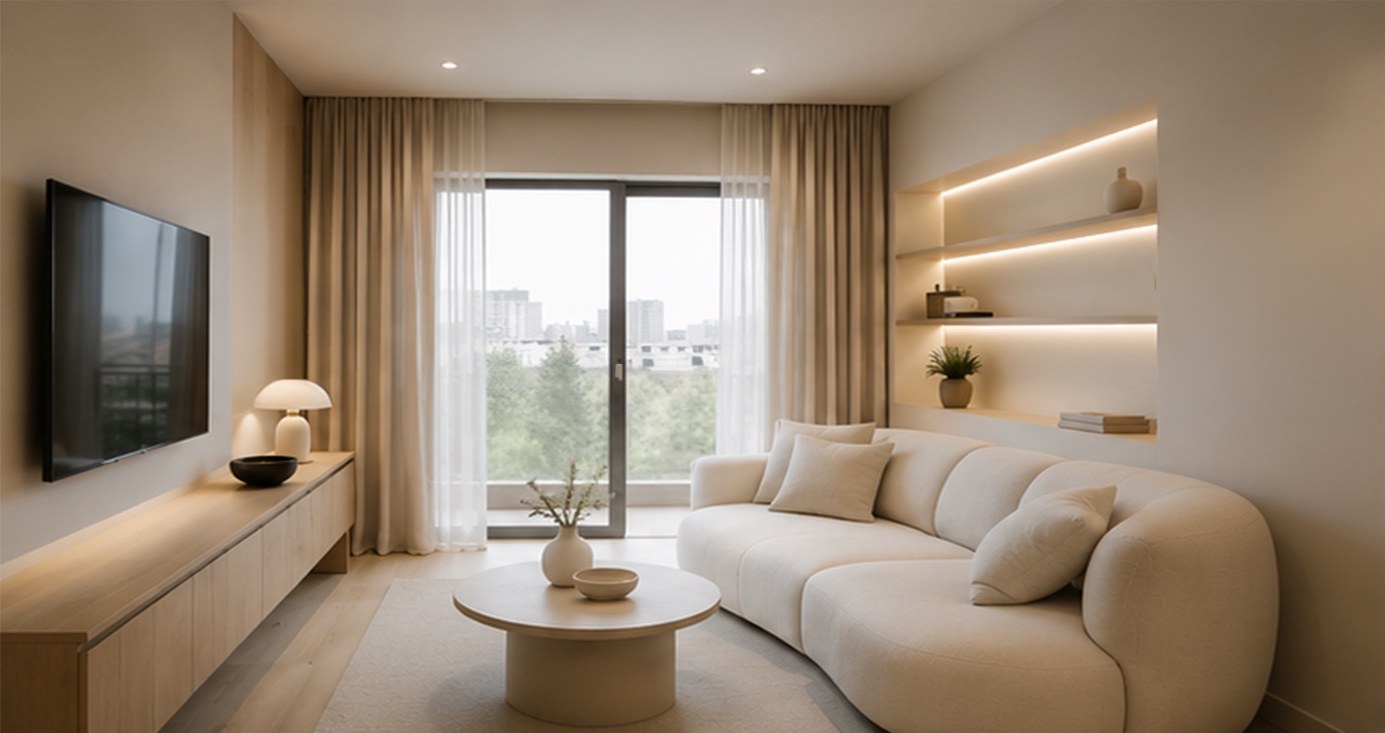 Interior of an Elysium Gardens apartment with full-height glazing and concealed lighting
