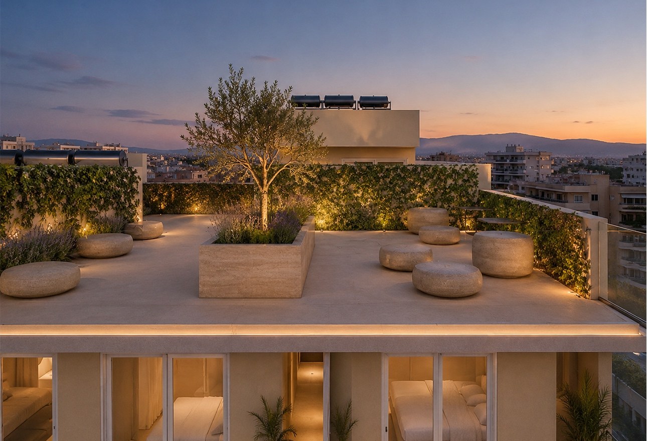 Elysium Gardens rooftop terrace at dusk with olive tree, seating and city views