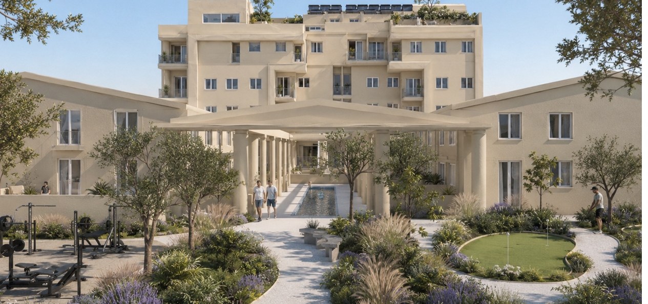 Landscaped courtyard of Elysium Gardens with reflection pool, outdoor gym and mini-golf lawn