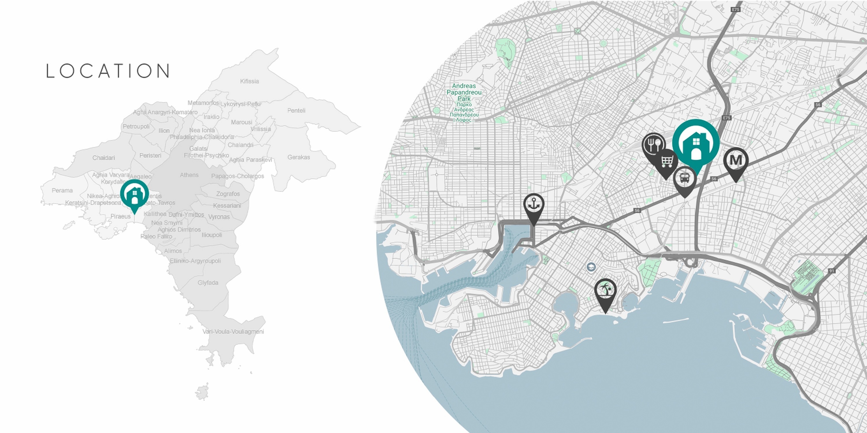 Location map showing Elysium Gardens in relation to Piraeus port, metro, sea and the Acropolis